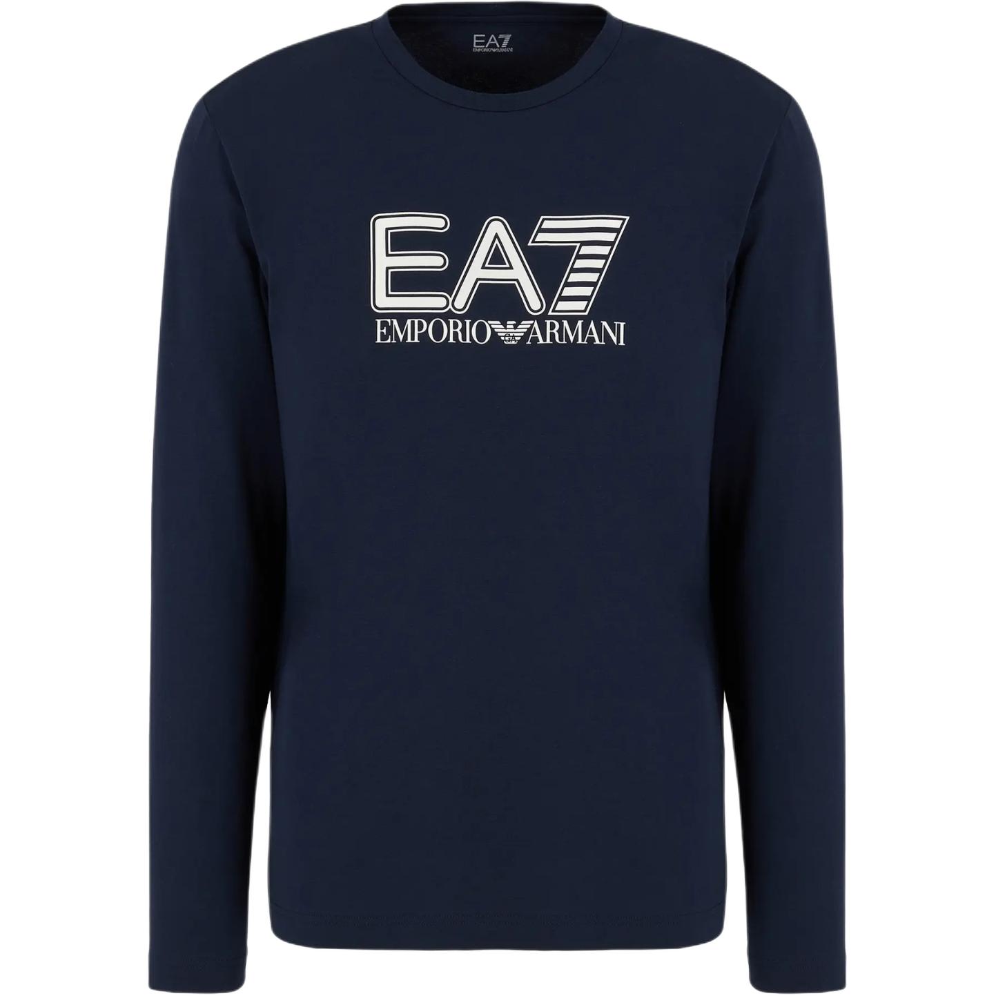 EMPORIO ARMANI EA7 Letter Logo Print Crew Neck Slim Fit Long-Sleeved T-Shirt T-Shirt Mens Navy Blue